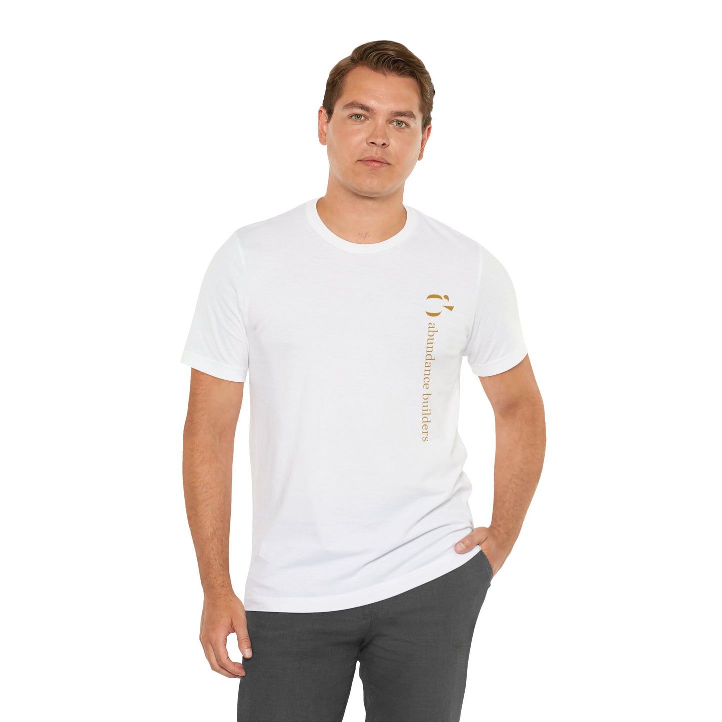 Abundance Builders Vertical Gold Logo Short Sleeve T-Shirt. Minimalist. Comfortable. Purpose-built.